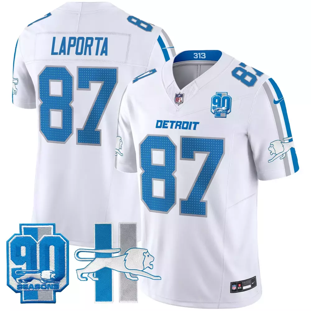 Sam Laporta Detroit Lions Throwback 90th Year Patch Gray Vapor Limited Jersey | Stitched Fan Gear for Women