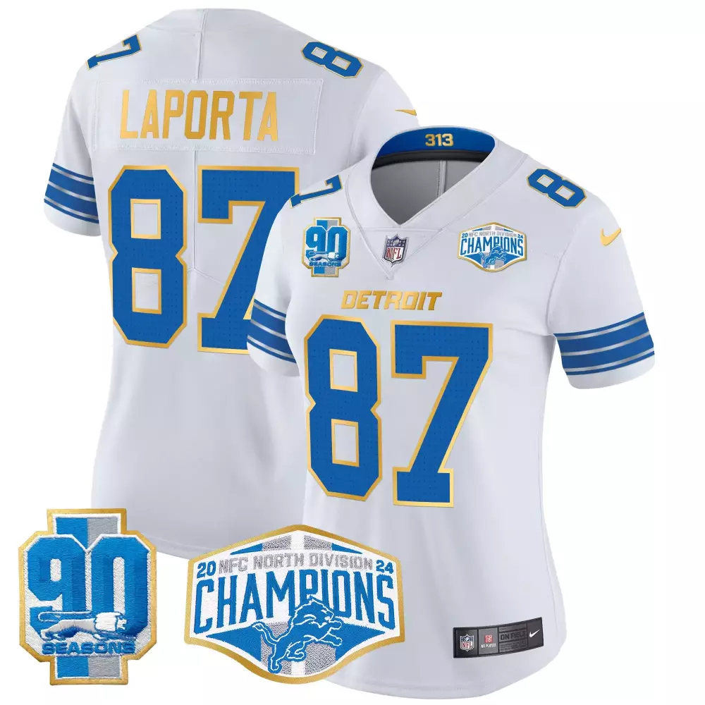 Sam Laporta Women's 2024 NFC North Division Champions Gold Trim Jersey | White Vapor Stitched | Limited Edition Fan Gear | For Men, Women & Youth