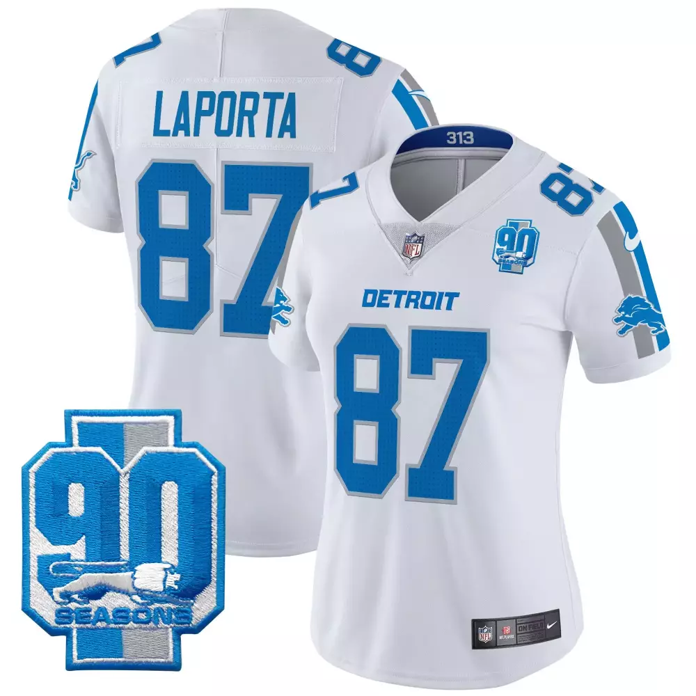 Sam Laporta Women's 90th Year Patch Vapor Limited Jersey | White Stitched | Fan Gear for Game Day | For Men, Women & Youth