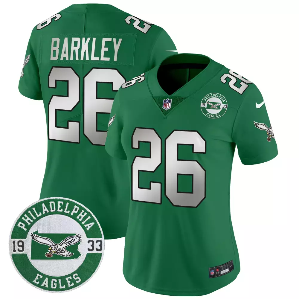 saquon barkley kelly green womens philadelphia eagles 2024 throwback vapor limited jersey est 1933 patch all stitched