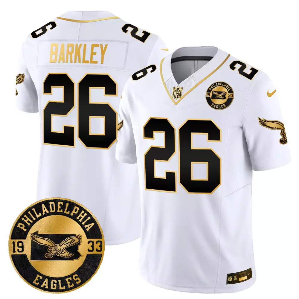 saquon barkley white gold mens philadelphia eagles 2024 throwback gold vapor limited jersey est 1933 patch all stitched