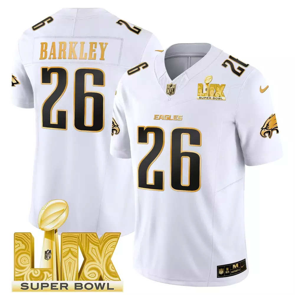 saquon barkley white gold mens philadelphia eagles 2024 throwback gold vapor limited jersey est 1933 patch all stitched
