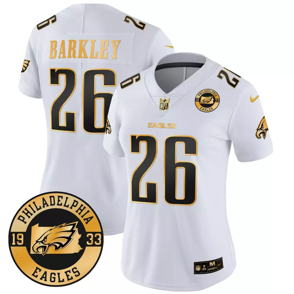 saquon barkley white gold mens philadelphia eagles 2024 throwback gold vapor limited jersey est 1933 patch all stitched