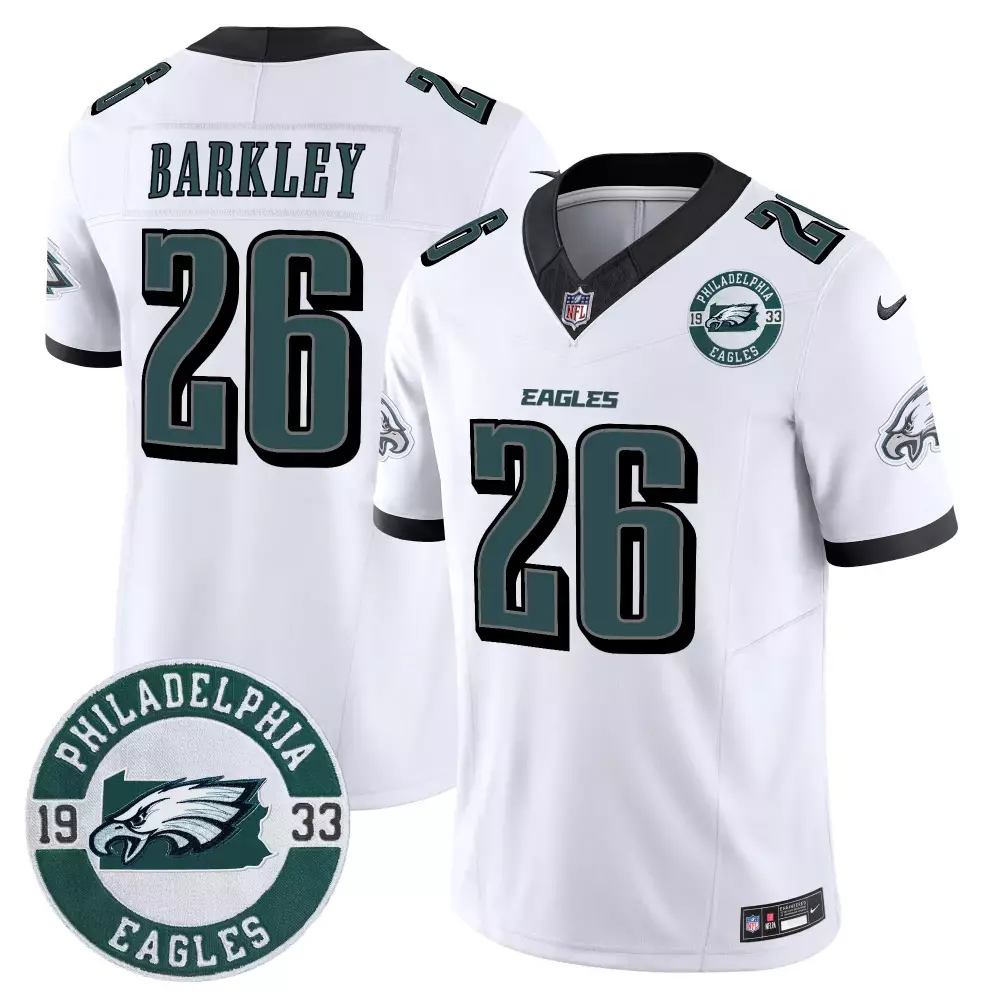 saquon barkley white mens philadelphia eagles 2024 vapor limited jersey est 1933 patch all stitched