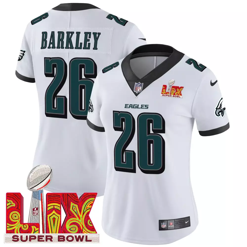 saquon barkley white womens philadelphia eagles super bowl lix patch vapor limited jersey all stitched