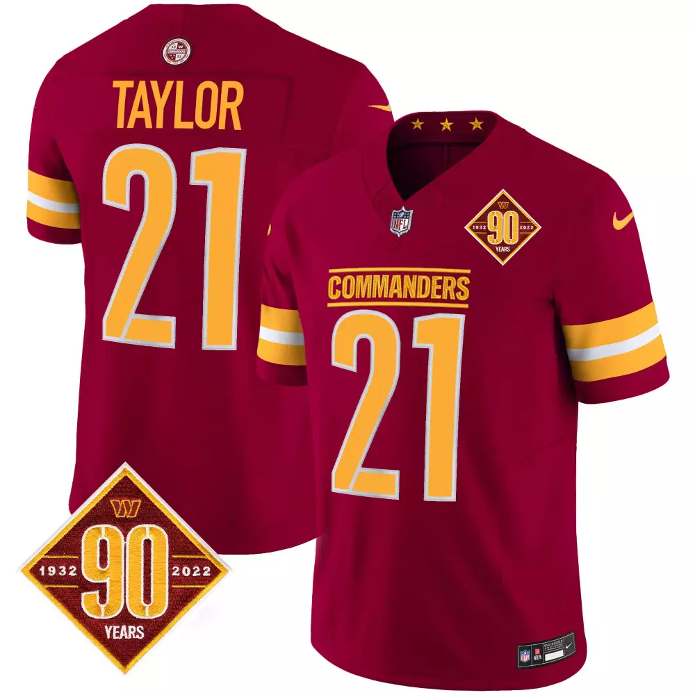 sean taylor burgundy mens washington commanders 90th anniversary patch vapor jersey v2 all stitched