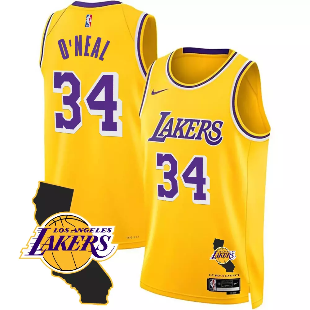 shaquille oneal gold mens los angeles lakers california patch jersey all stitched