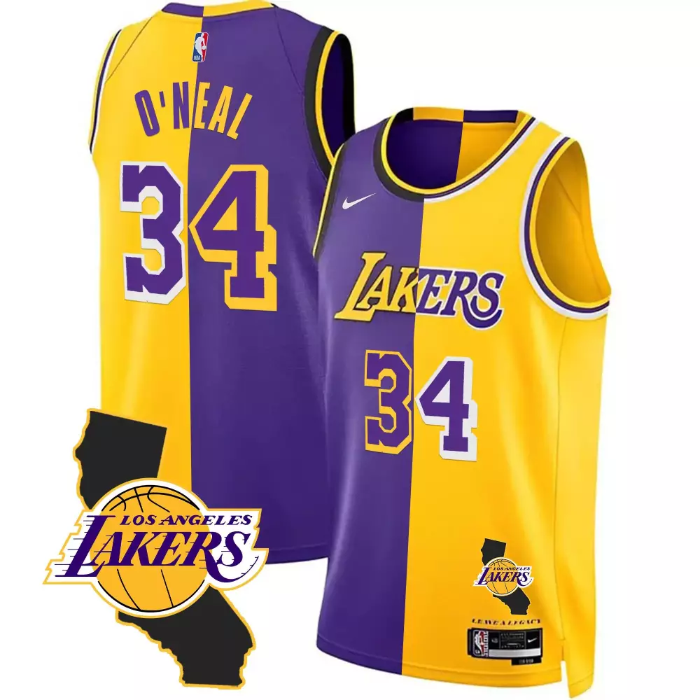 shaquille oneal gold mens los angeles lakers california patch jersey all stitched