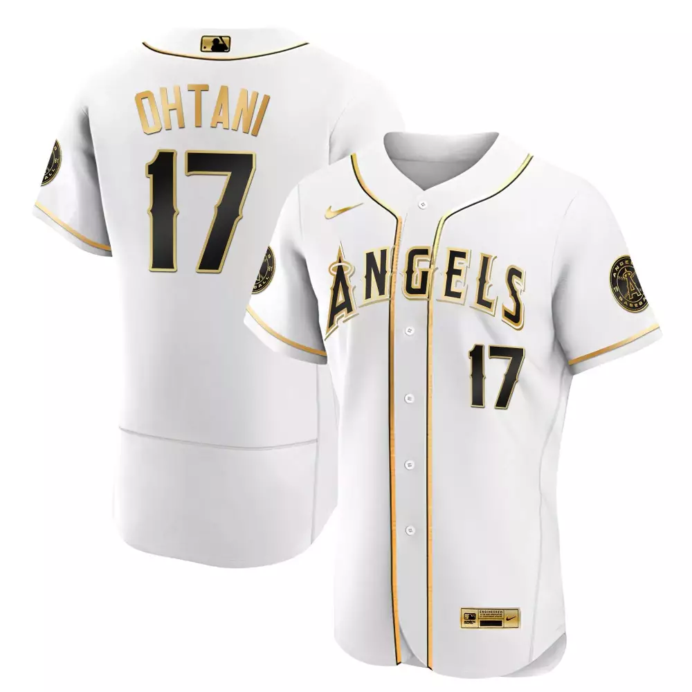 shohei ohtani flex white gold mens los angeles angels black limited gold jersey all stitched