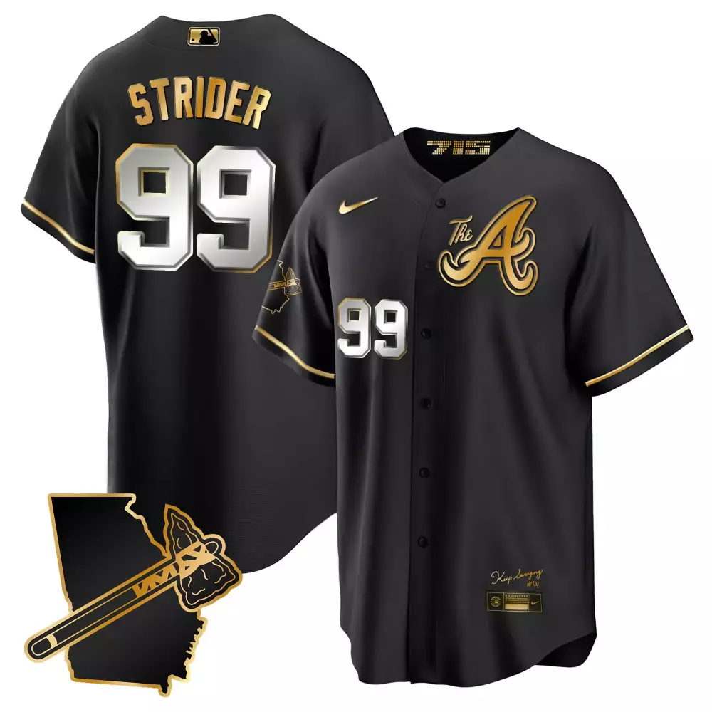 Spencer Strider Black & Gold Men's Atlanta Braves The A Jersey | Gold Cool Base with Georgia Patch | Limited Edition Fan Gear | For Men, Women & Youth