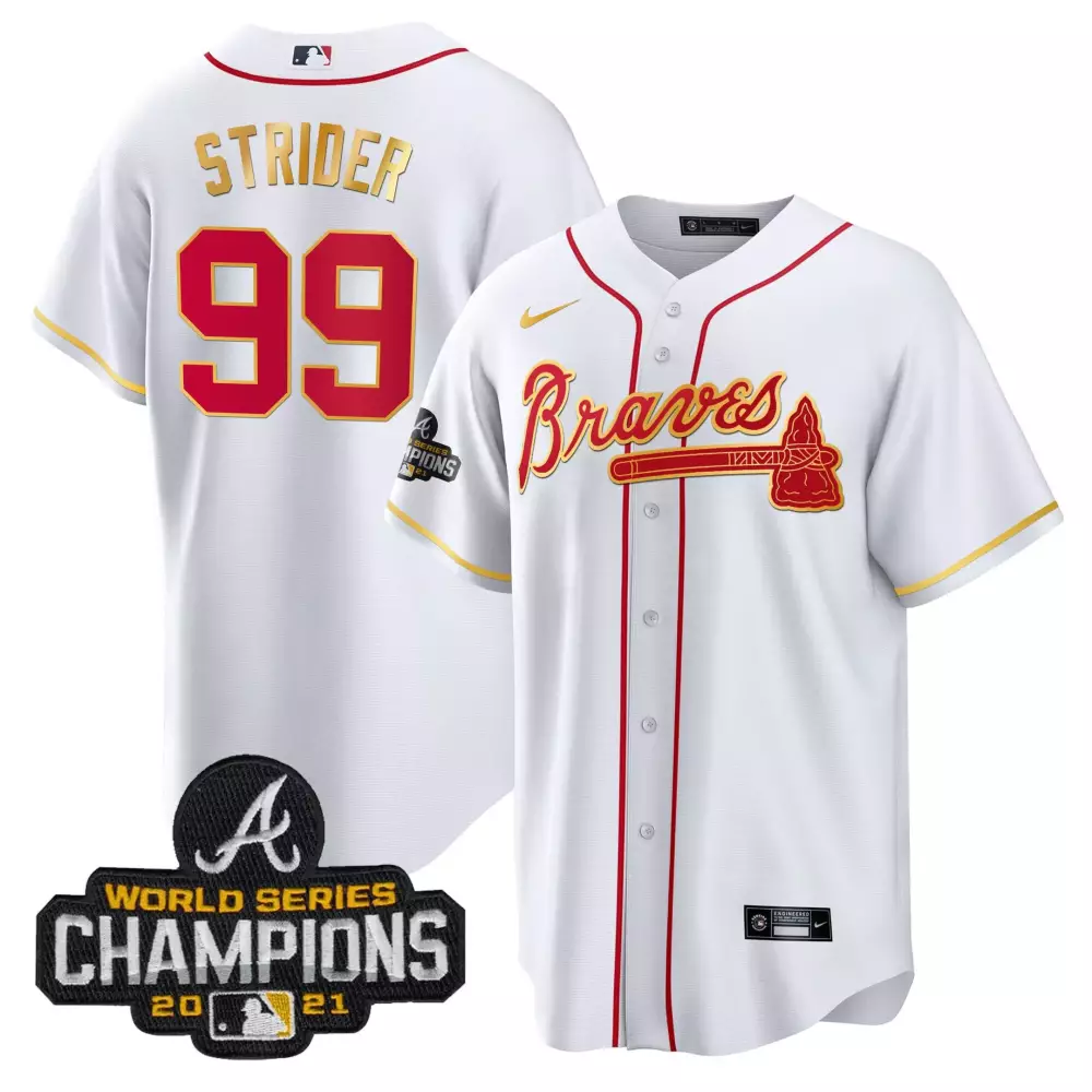 Spencer Strider Men's Cool White Jersey | Atlanta Braves Champions Patch Gold Trim | All Stitched Fan Gear | For Men, Women & Youth