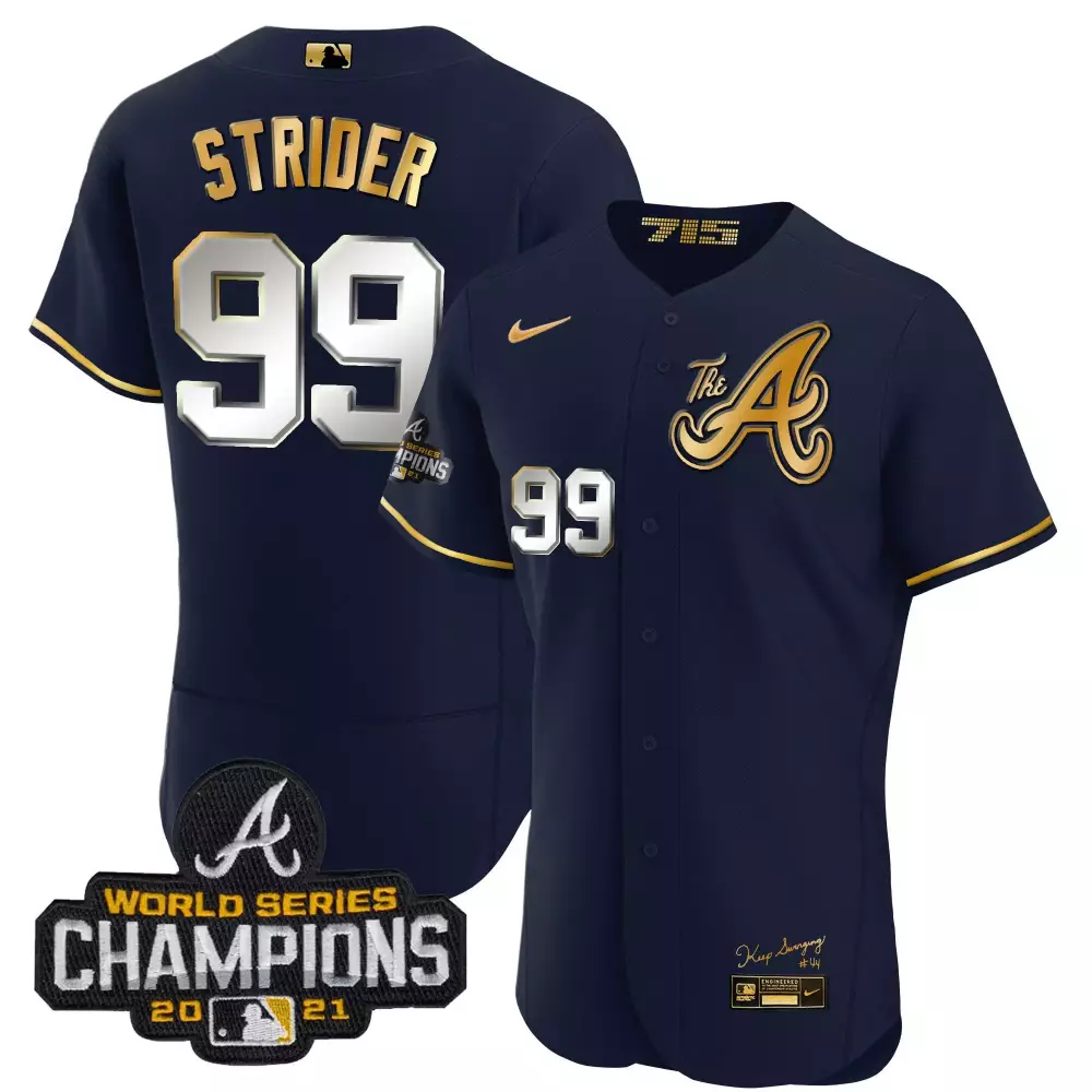 Spencer Strider Atlanta Braves Champions City Connect Gold Flex Base Jersey | Stitched Navy Gold | Limited Edition | For Men, Women & Youth