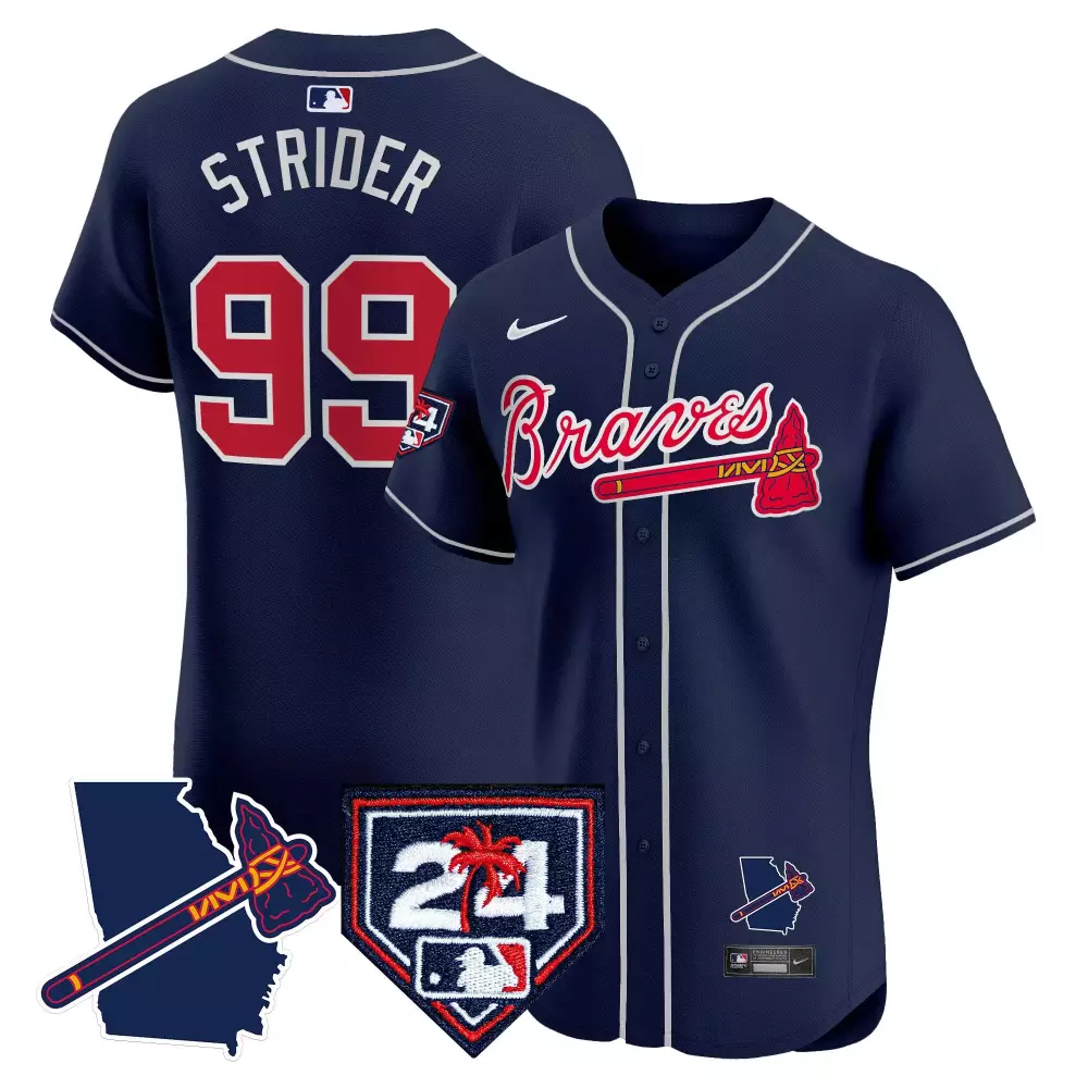 Spencer Strider Atlanta Braves 2024 Spring Training Georgia Patch Vapor Premier Elite Jersey | Stitched Navy | For Men, Women & Youth