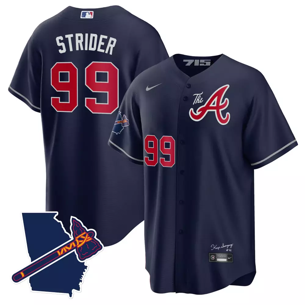 Spencer Strider Atlanta Braves The A Gold Cool Base Jersey Georgia Patch | Stitched Navy | Limited Edition | For Men, Women & Youth