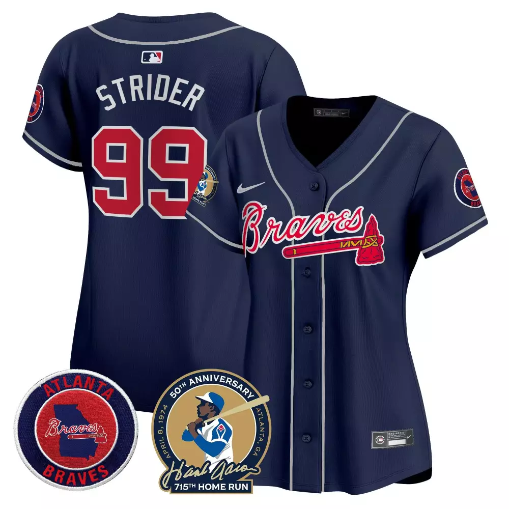 Spencer Strider Atlanta Braves Hank Aaron 715th Home Run Patch Vapor Premier Limited Jersey | Stitched Navy | For Women & Youth