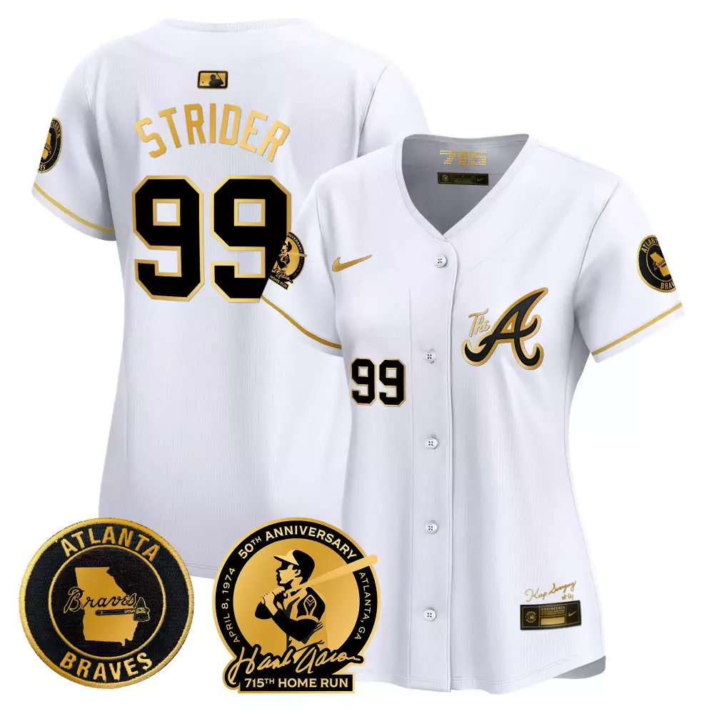 Spencer Strider Atlanta Braves Women's Hank Aaron 715th Home Run Jersey V2 | White Gold Vapor Premier | Limited Edition Fan Gear | For Men, Women & Youth