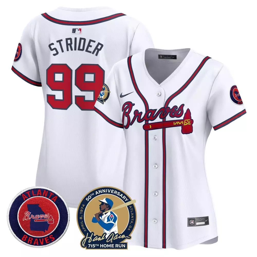 Spencer Strider 2024 Atlanta Braves Women's Hank Aaron 715th Home Run Jersey | White Vapor Premier Limited | Fan Gear | For Men, Women & Youth