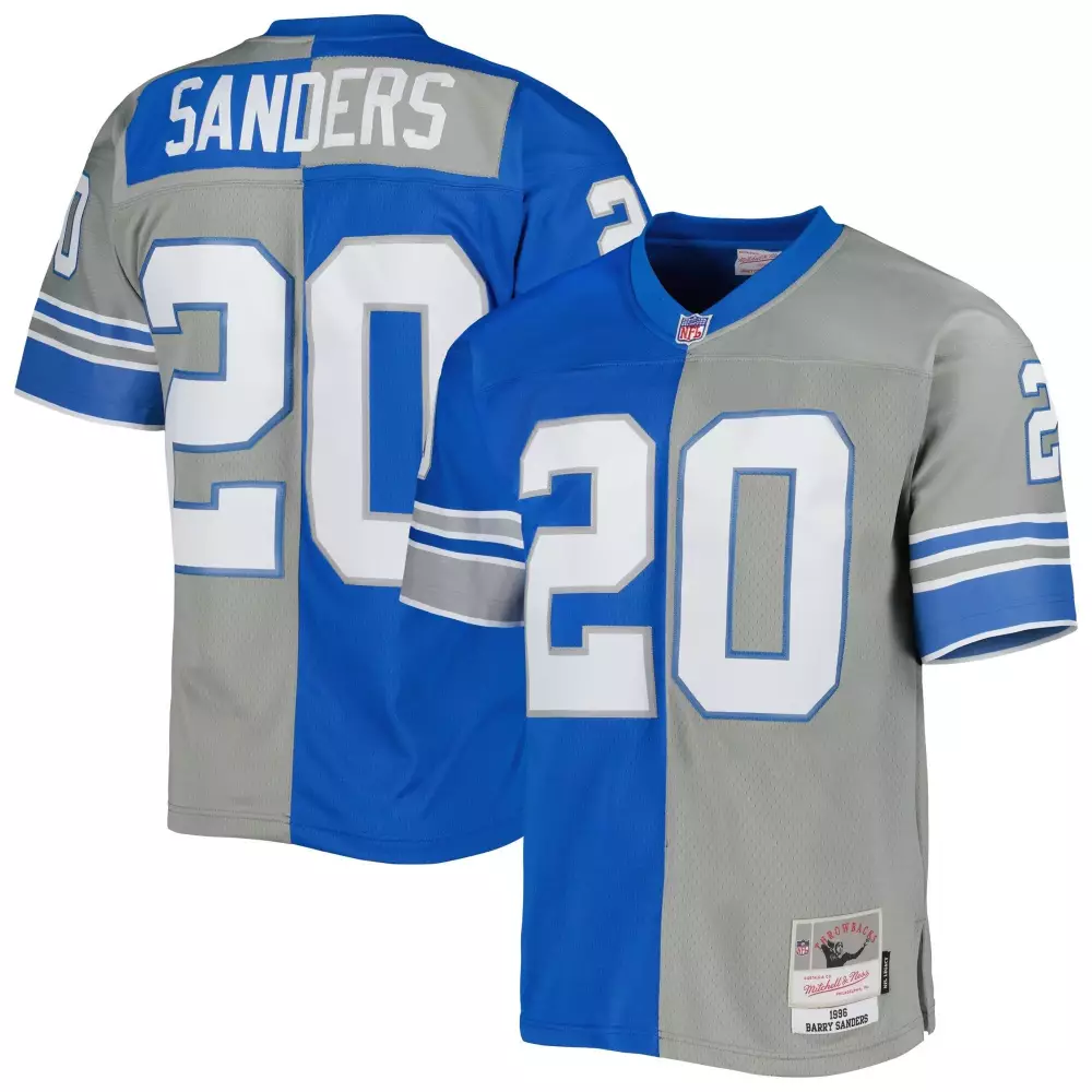 split men barry sanders detroit lions 1996 mitchell ness silver blue split legacy jersey all stitched