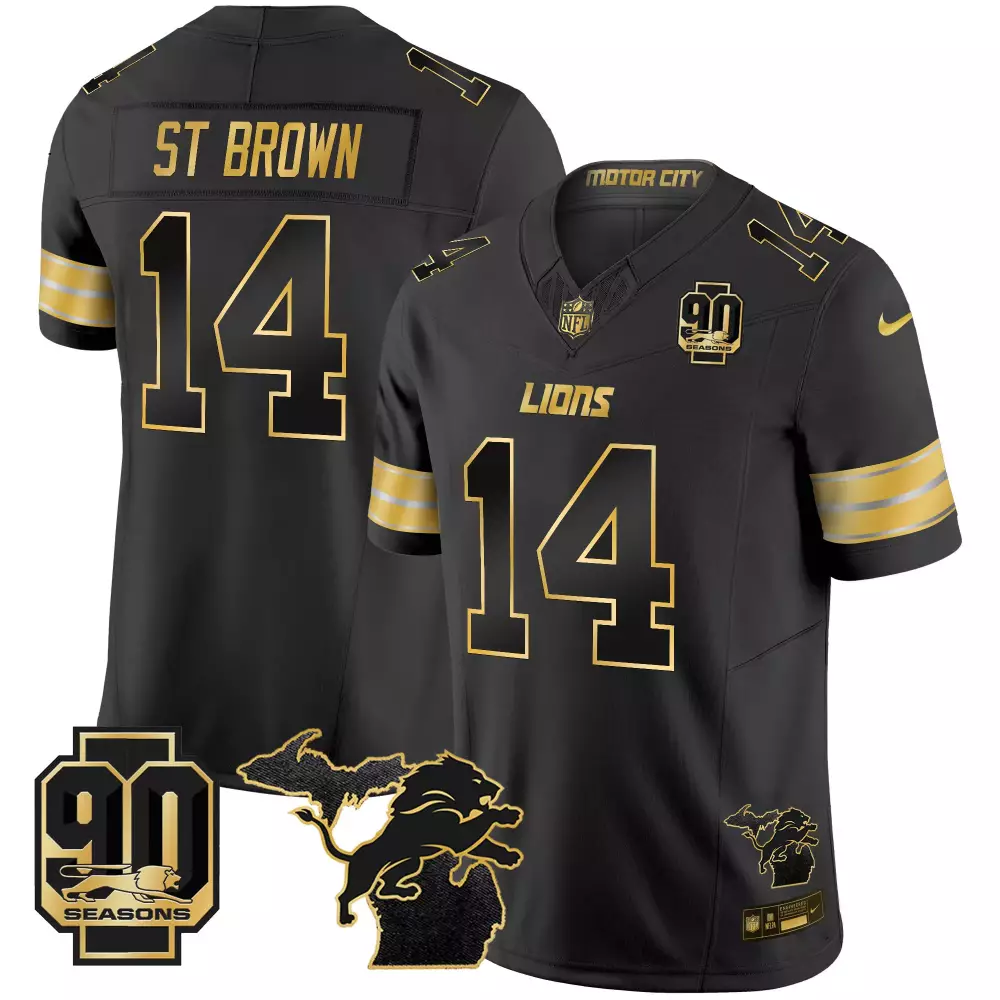 St. Brown Men's Detroit Lions 2024 Michigan 90th Season Jersey | Black Gold with Patch | Stitched Limited Edition | For Men, Women & Youth