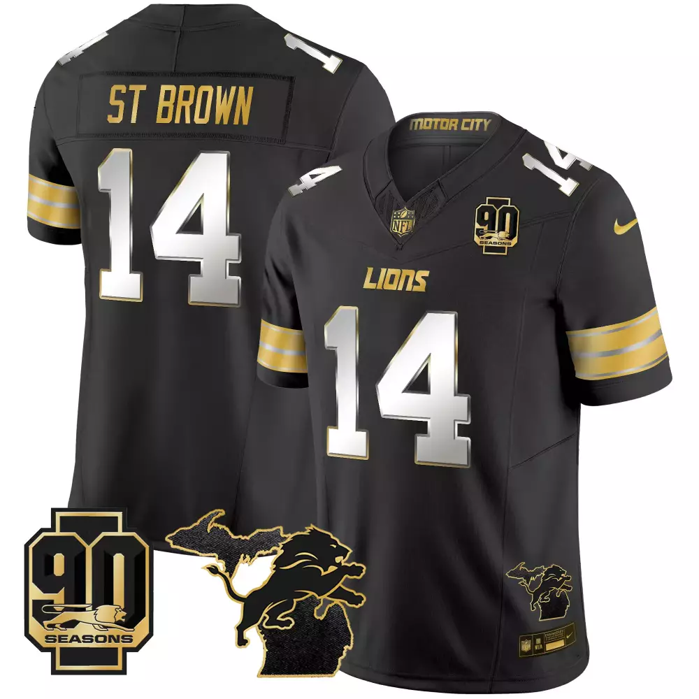 st brown black limited mens detroit lions 2024 michigan 90th season patch gold vapor limited jersey all stitched