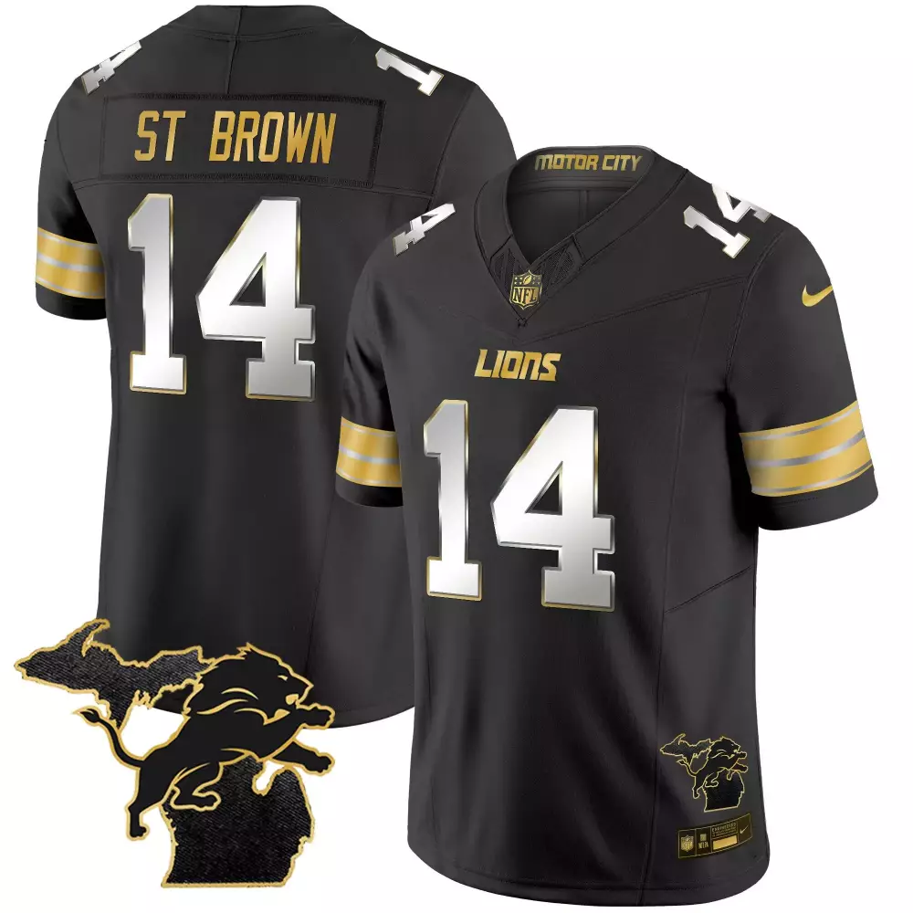 st brown black limited mens detroit lions 2024 michigan 90th season patch gold vapor limited jersey all stitched