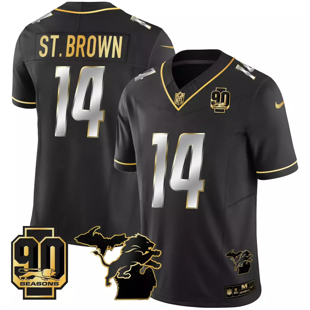 st brown black limited mens detroit lions 2024 michigan 90th season patch gold vapor limited jersey all stitched