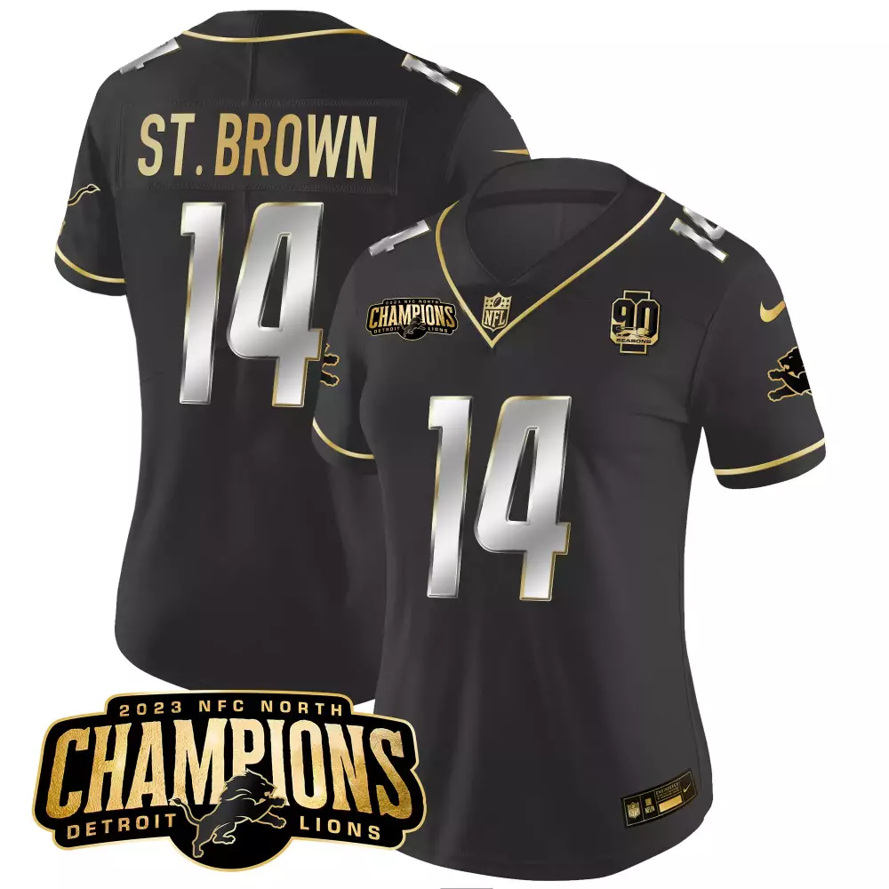 St. Brown Detroit Lions 2023 NFC North Champions Patch Gold Vapor Jersey | All Stitched | For Women, Men & Youth