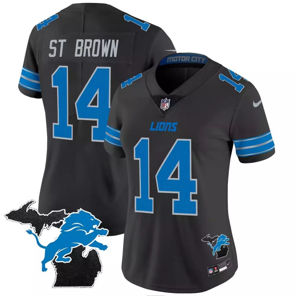st brown black womens detroit lions 2024 michigan patch vapor jersey all stitched