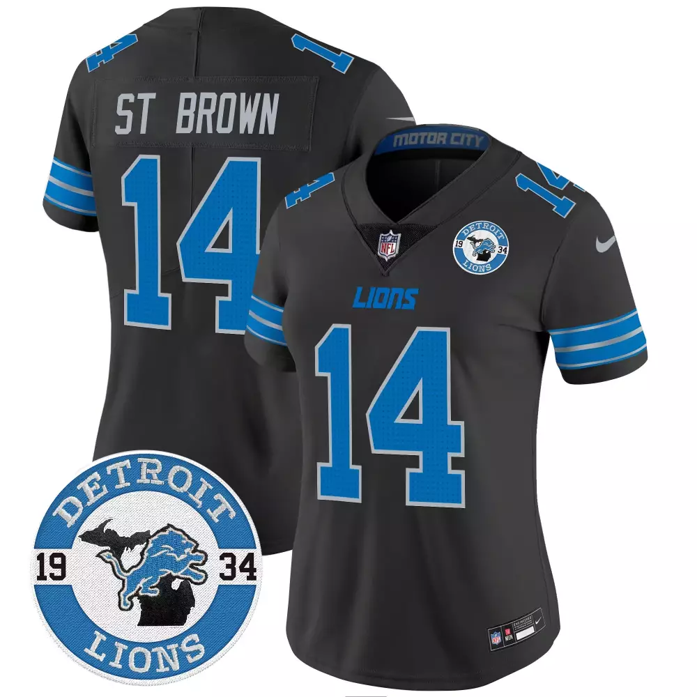 st brown black womens detroit lions 2024 michigan patch vapor jersey all stitched