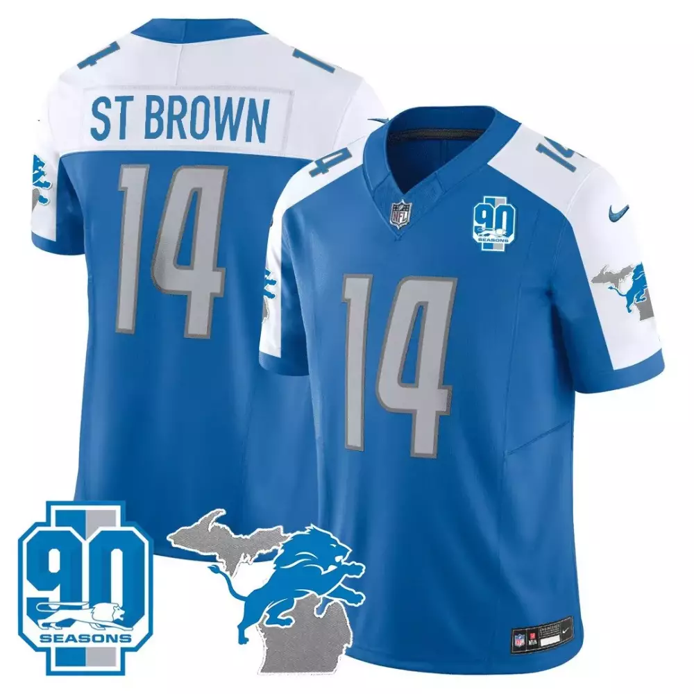 St. Brown Detroit Lions 90th Year Michigan Patch Men's Vapor Jersey | All Stitched Limited Edition Fan Gear | For Men, Women & Youth