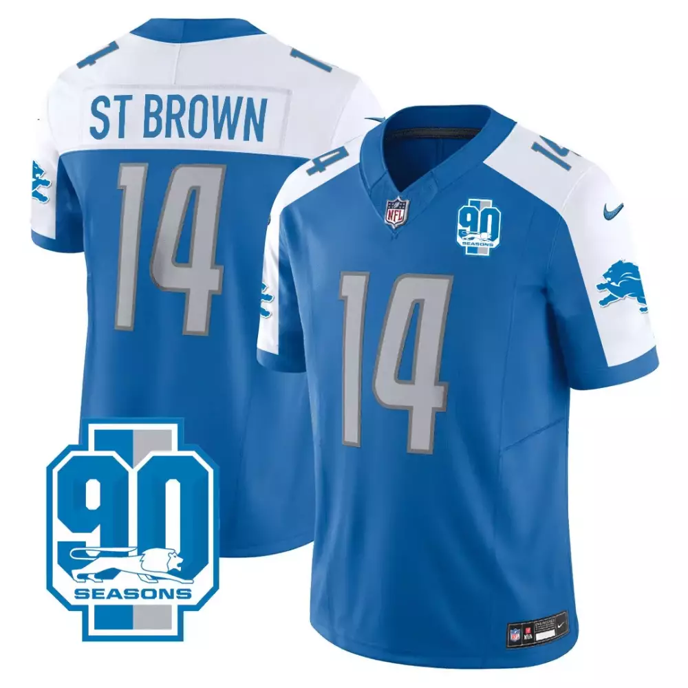 st brown blue alternate mens detroit lions 90th year patch jersey all stitched