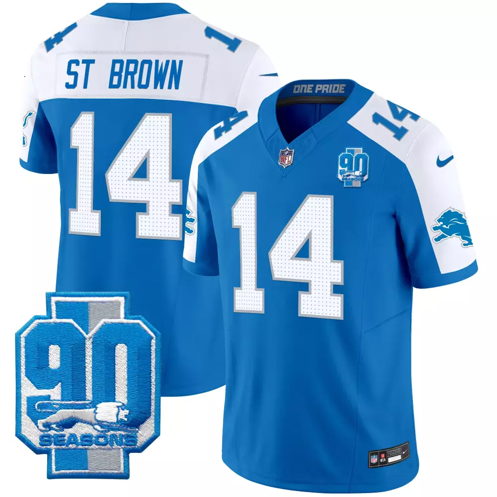 st brown blue alternate mens detroit lions 90th year patch jersey all stitched