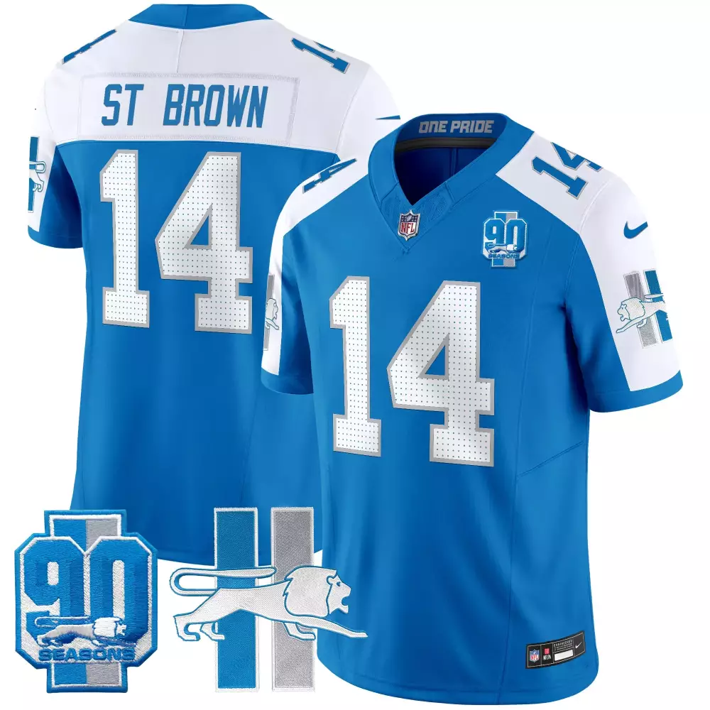 st brown blue alternate mens detroit lions 90th year patch jersey all stitched
