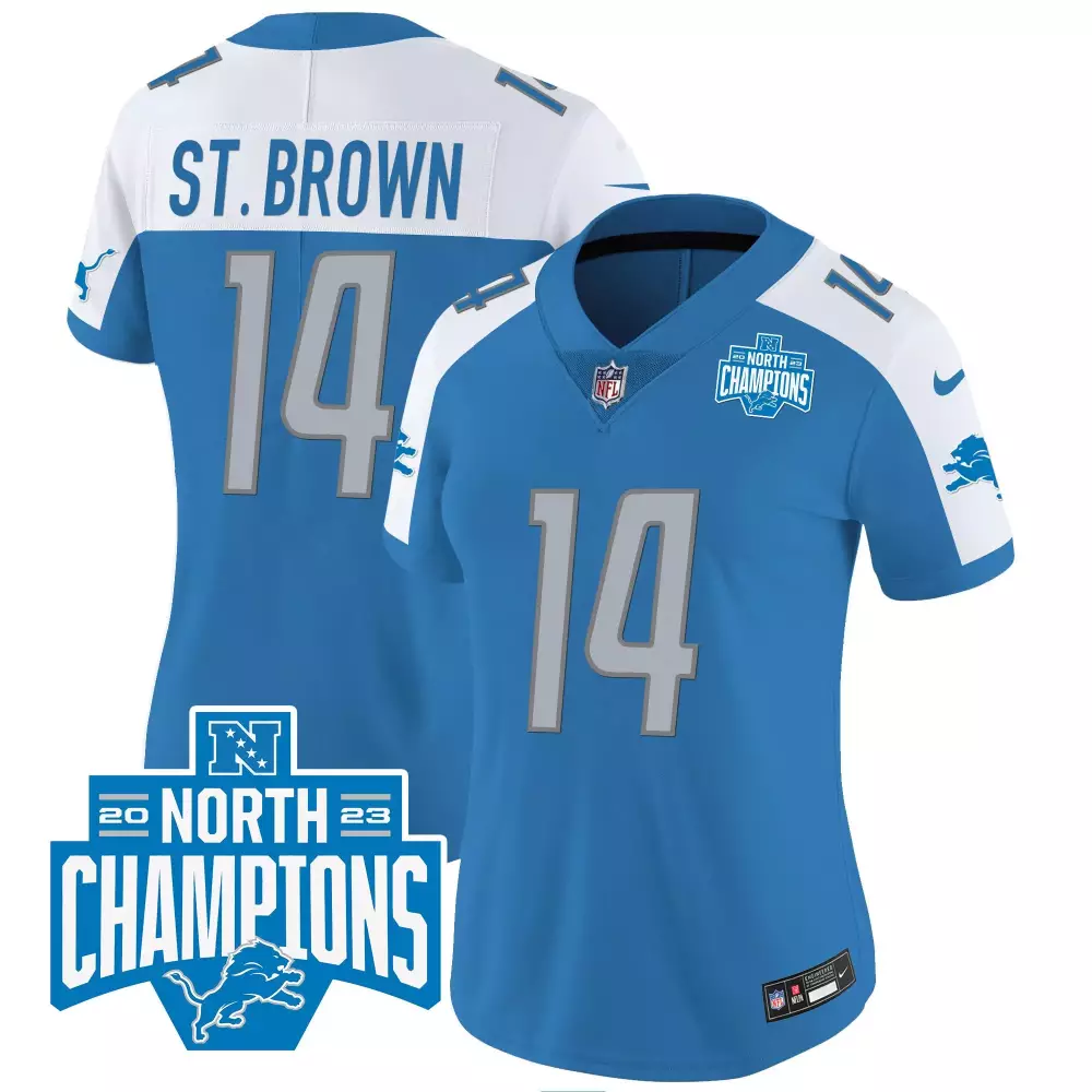 St. Brown Detroit Lions 2023 Women's Vapor Jersey | NFC North Division Champions Patch | Blue Alternate | All Stitched Limited Edition | For Men, Women & Youth
