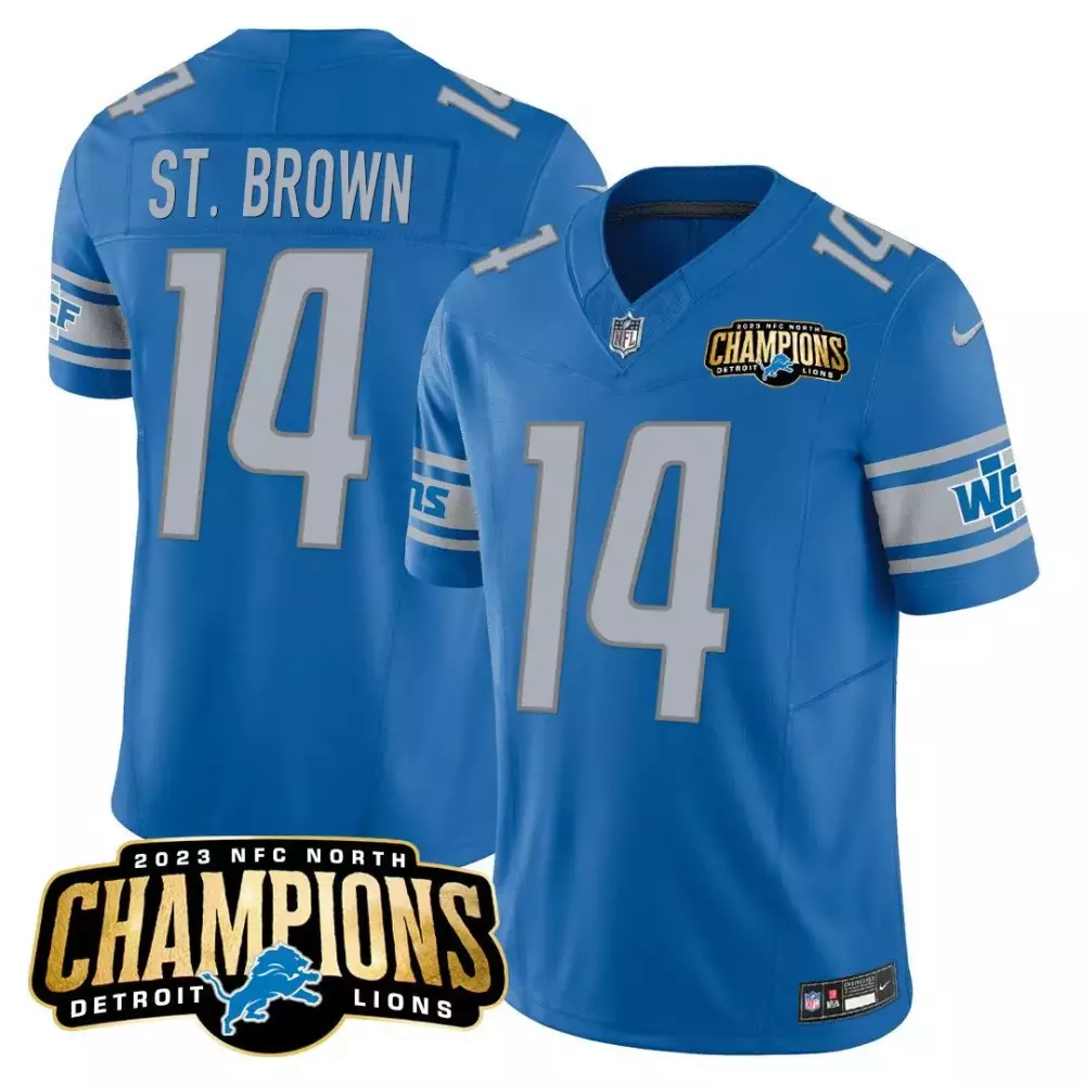 st brown blue mens detroit lions 2023 nfc north champions patch vapor jersey all stitched