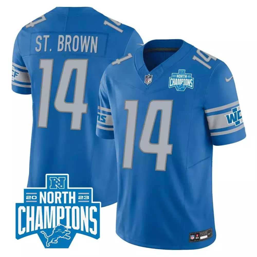 st brown blue mens detroit lions 2023 nfc north champions patch vapor jersey all stitched