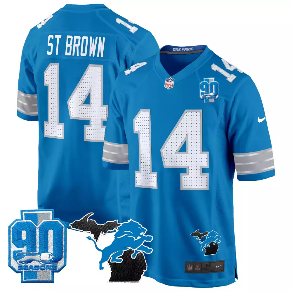 st brown blue mens detroit lions 2024 michigan 90th year patch game jersey all stitched