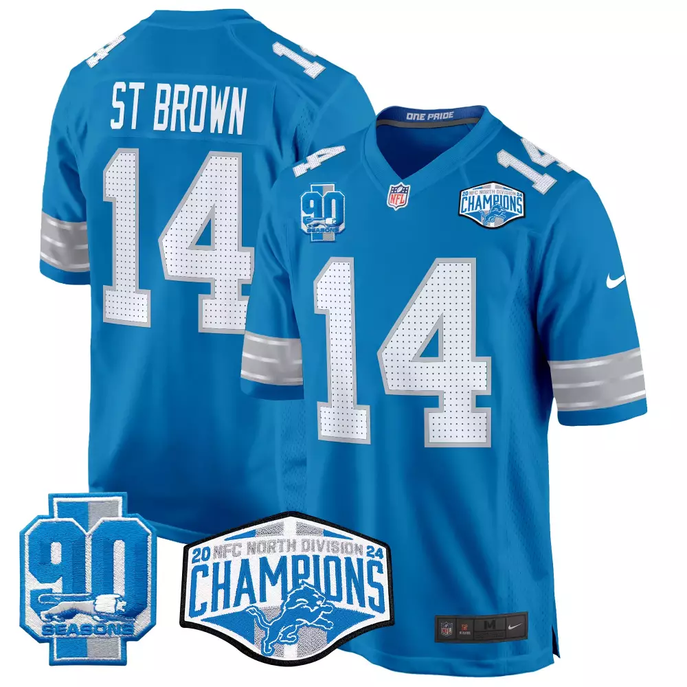 st brown blue mens detroit lions 2024 michigan 90th year patch game jersey all stitched