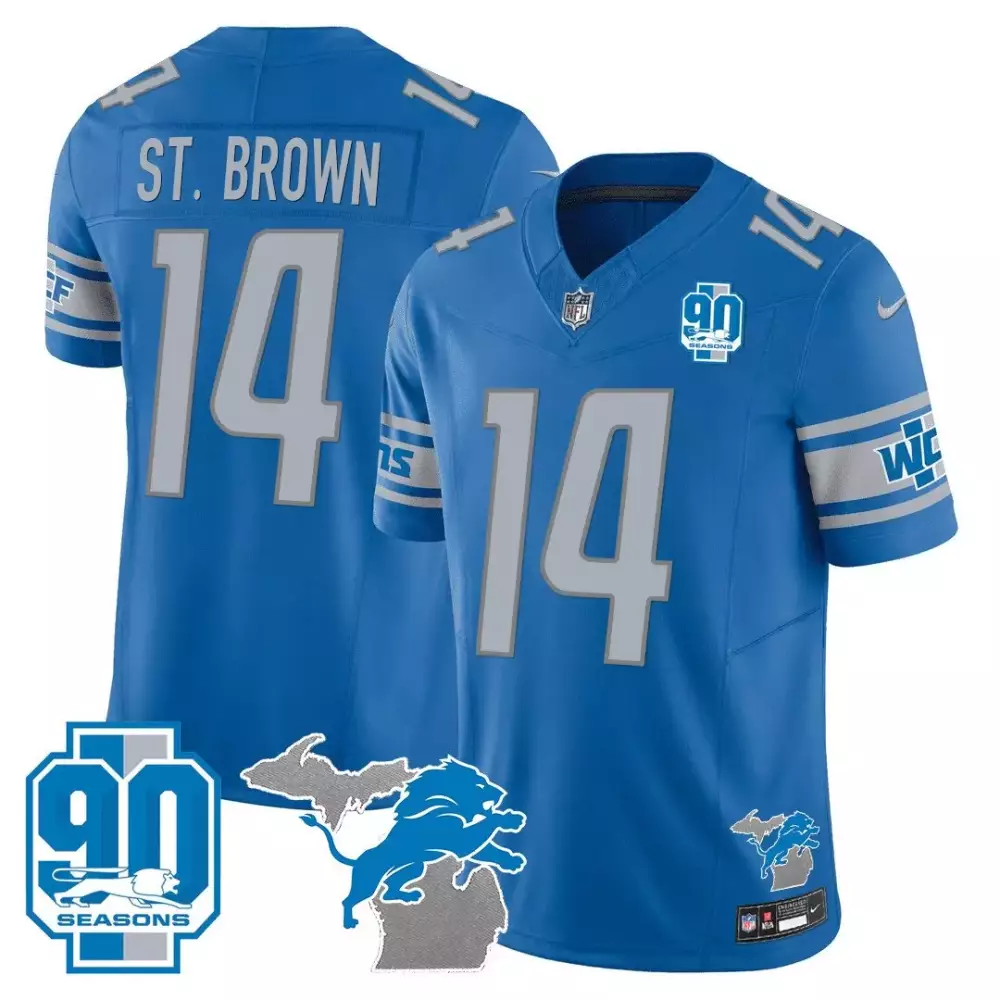 st brown blue mens detroit lions 90th year michigan patch vapor jersey all stitched