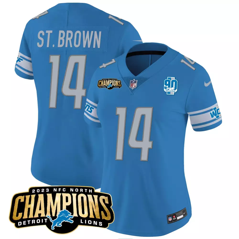 st brown blue womens detroit lions 2023 nfc north champions patch vapor jersey v2 all stitched