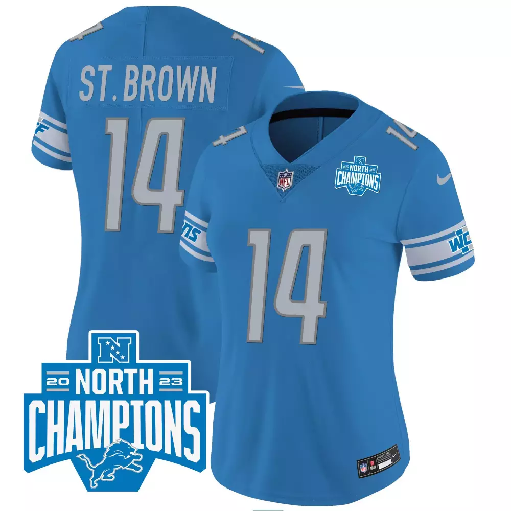 st brown blue womens detroit lions 2023 nfc north champions patch vapor jersey v2 all stitched