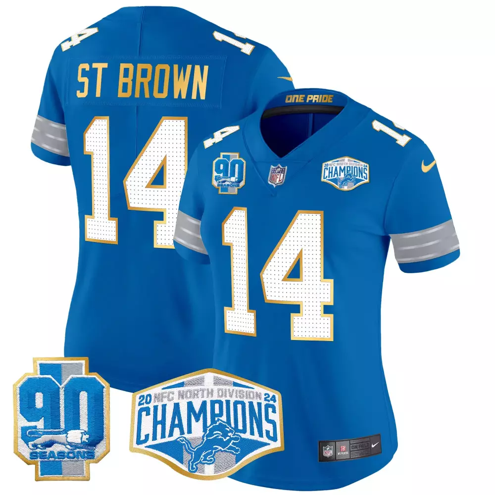 st brown blue womens detroit lions 2024 nfc north division champions patch gold trim vapor limited jersey all stitched