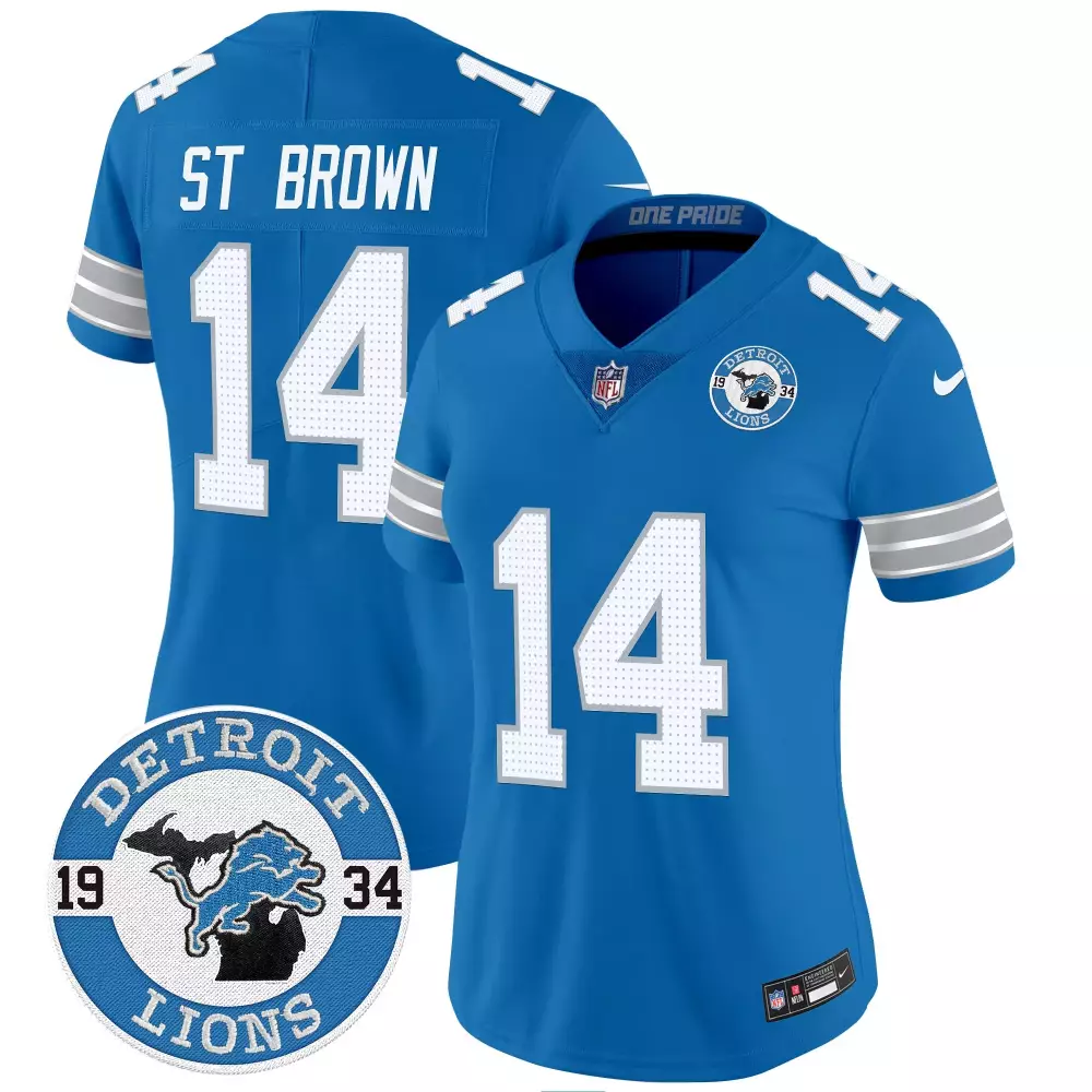 st brown blue womens detroit lions 2024 nfc north division champions patch gold trim vapor limited jersey all stitched