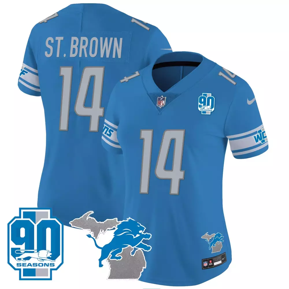 st brown blue womens detroit lions 2024 nfc north division champions patch gold trim vapor limited jersey all stitched