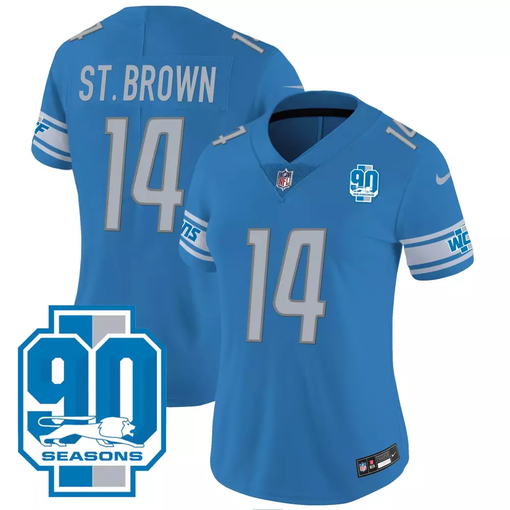 st brown blue womens detroit lions 90th year patch jersey all stitched