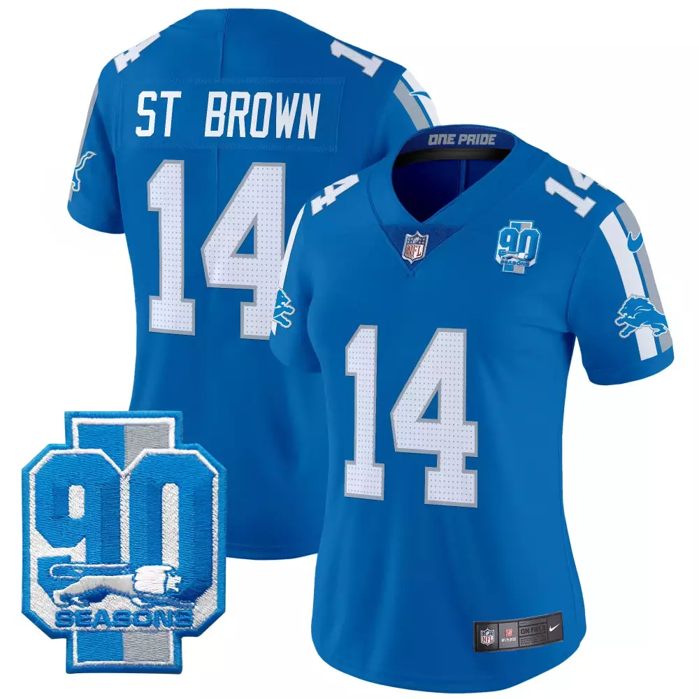 st brown blue womens detroit lions 90th year patch jersey all stitched