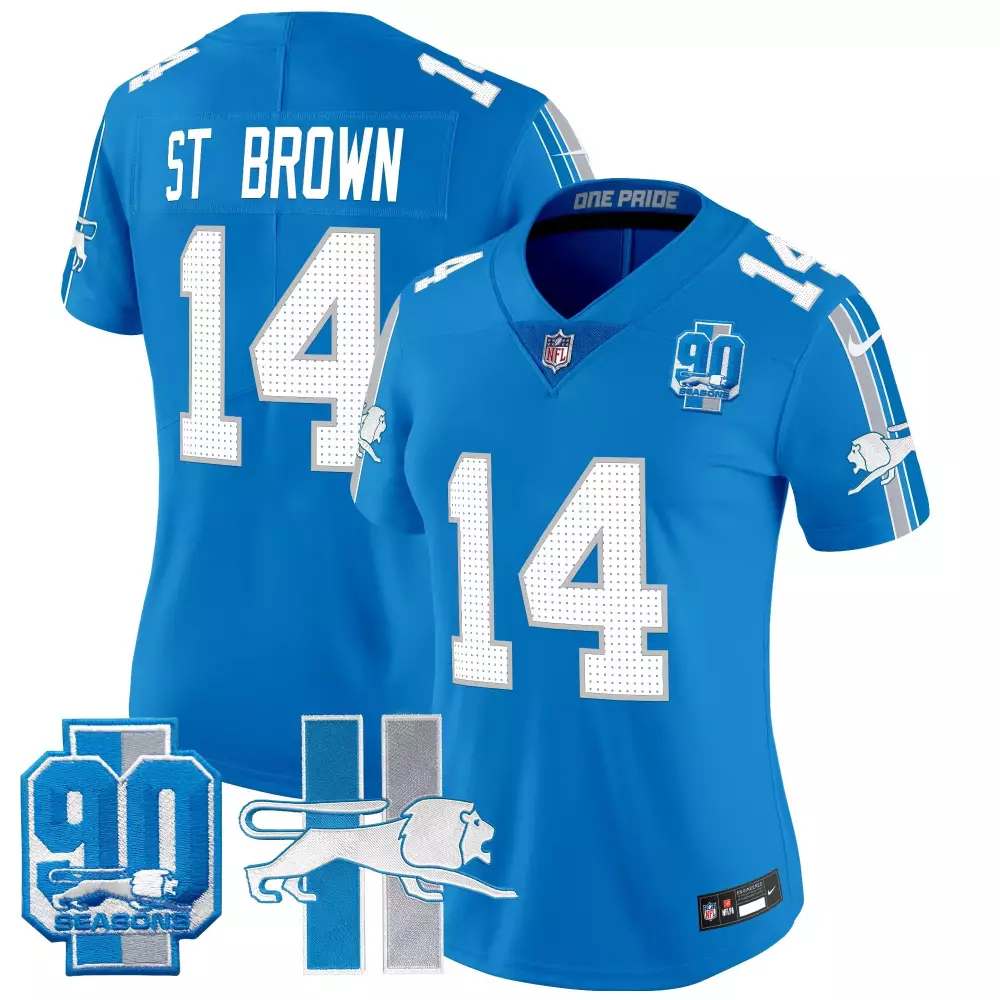st brown blue womens detroit lions 90th year patch jersey all stitched