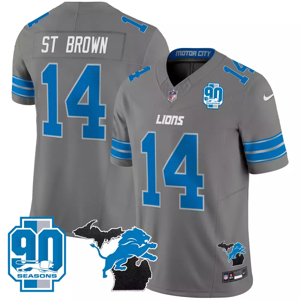 st brown gray mens detroit lions 2024 michigan 90th year patch vapor jersey all stitched