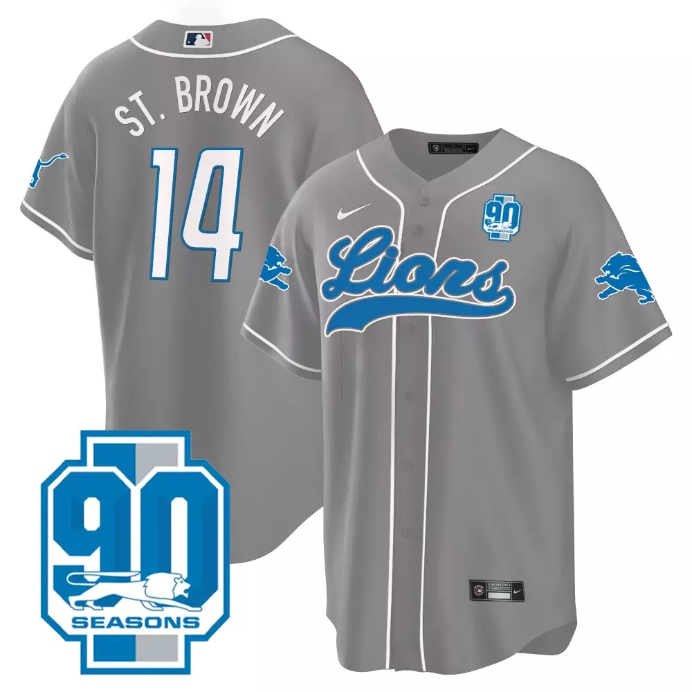 st brown gray mens detroit lions 90th year patch baseball jersey all stitched