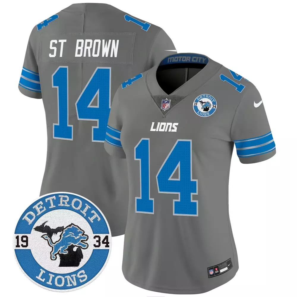 st brown gray womens detroit lions 2024 vapor limited jersey est 1934 patch all stitched